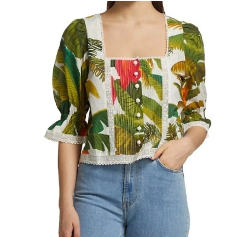 Farm Rio Green White Lace Trim Puff Sleeve Square Neck Button Front Top NWT M